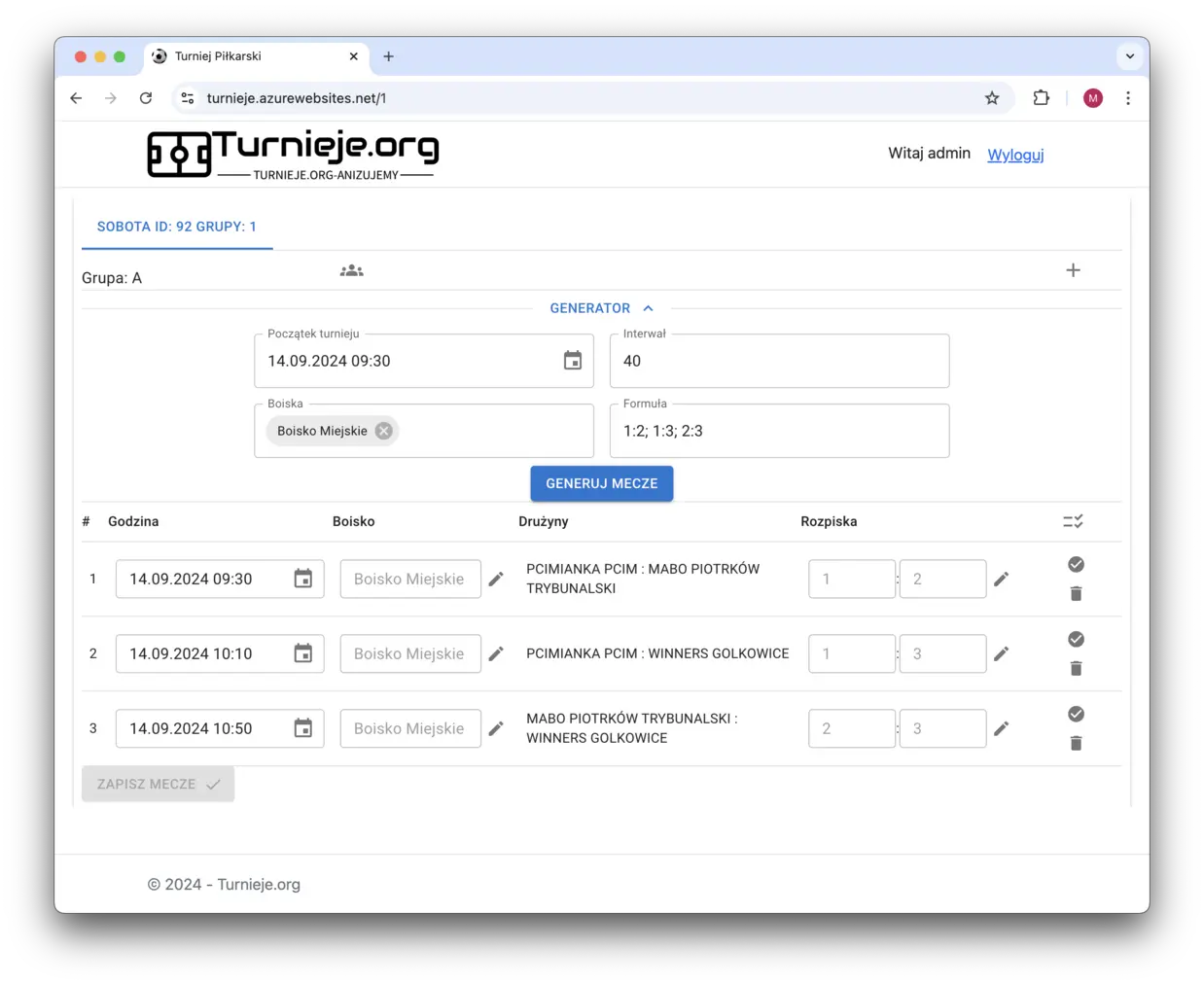 Ekran harmonogramu turnieju na platformie Turnieje.org dla Grupy A. Generator meczów pozwala na ustawienie godziny rozpoczęcia turnieju (14.09.2024 09:30), interwału między meczami (40 minut), boiska (Boisko Miejskie) oraz formuły rozgrywek (1:2, 1:3, 2:3). Na dole widoczna lista wygenerowanych meczów z godziną, nazwą boiska, drużynami oraz możliwością edycji wyniku. Mecze: PCIMIANKA PCIM vs MABO PIOTRKÓW TRYBUNALSKI, PCIMIANKA PCIM vs WINNERS GOŁKOWICE, MABO PIOTRKÓW TRYBUNALSKI vs WINNERS GOŁKOWICE.