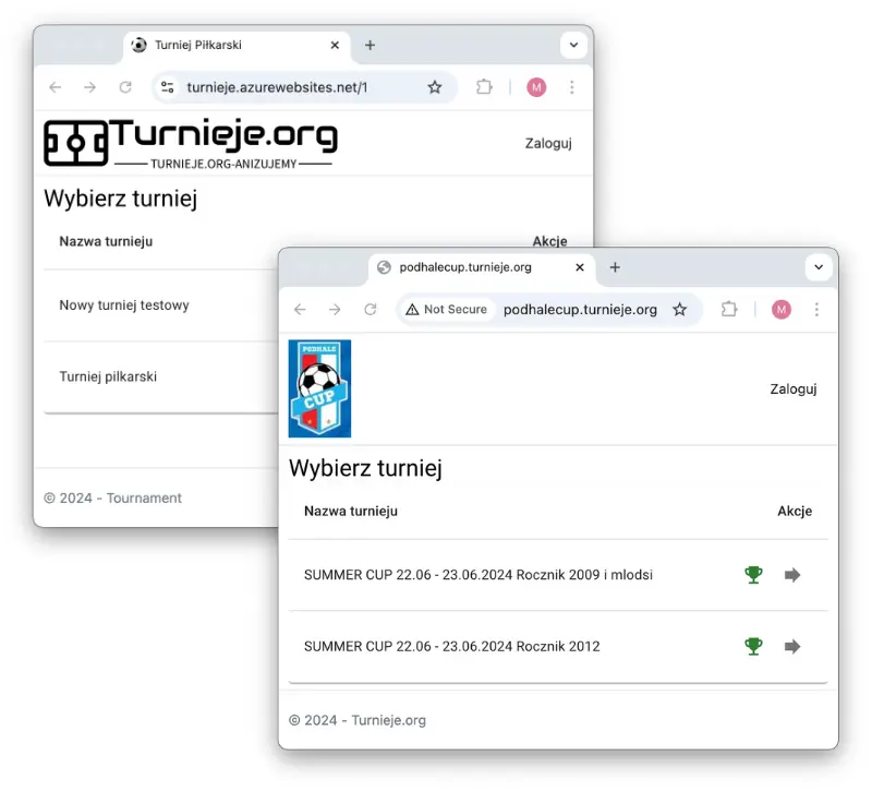 Dwa otwarte okna przeglądarki internetowej z widokiem na strony turniejowe. Pierwsza strona (turnieje.azurewebsites.net) zawiera listę turniejów o nazwach ‘Nowy turniej testowy’ i ‘Turniej piłkarski’. Druga strona (podhalecup.turnieje.org) pokazuje dwa turnieje o nazwie ‘SUMMER CUP 22.06 - 23.06.2024 Rocznik 2009 i młodsi’ oraz ‘SUMMER CUP 22.06 - 23.06.2024 Rocznik 2012’, z ikonami pucharów po prawej stronie. W lewym górnym rogu strony podhalecup.turnieje.org widoczne jest logo turnieju przedstawiające piłkę nożną i nazwę ‘Podhale CUP’ na niebieskim tle.