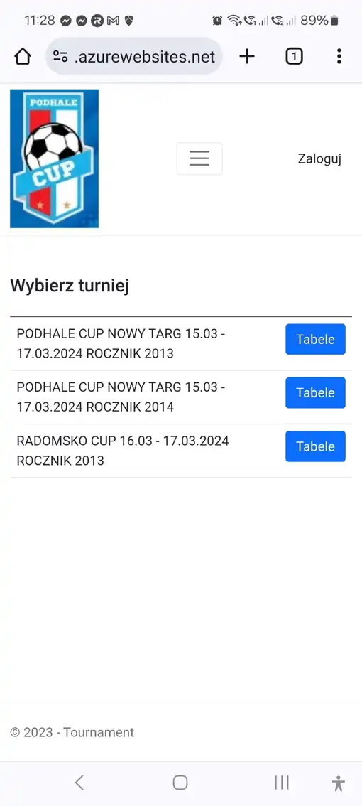 Strona wyboru turnieju z logo turnieju Podhale Cup po lewej stronie i listą trzech turniejów: Podhale Cup Nowy Targ 15.03 - 17.03.2024 rocznik 2013, Podhale Cup Nowy Targ 15.03 - 17.03.2024 rocznik 2014, oraz Radomsko Cup 16.03 - 17.03.2024 rocznik 2013. Po prawej stronie każdego wpisu znajduje się przycisk 'Tabele'.